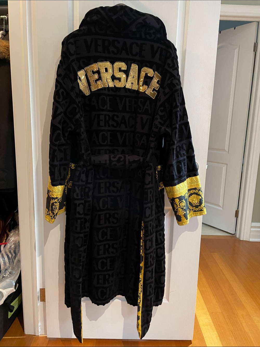 Versace Black Velvet Robe with Gold Baroque Accents fits M-L unisex
